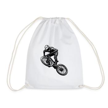 Mountain bikers with a cool downhill bike - Drawstring Bag - white - Front