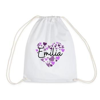 Emilia Name Design with Heart-Shaped purple Hearts - Drawstring Bag - white - Front