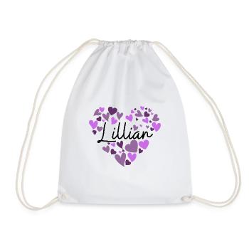 Lillian Namensdesign mit herzförmigem lila Herz - Turnbeutel - Weiß - Vorne