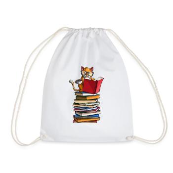 Cute Cats, Books and Tea Funny Bibliophile Kitty L - Drawstring Bag - white - Front