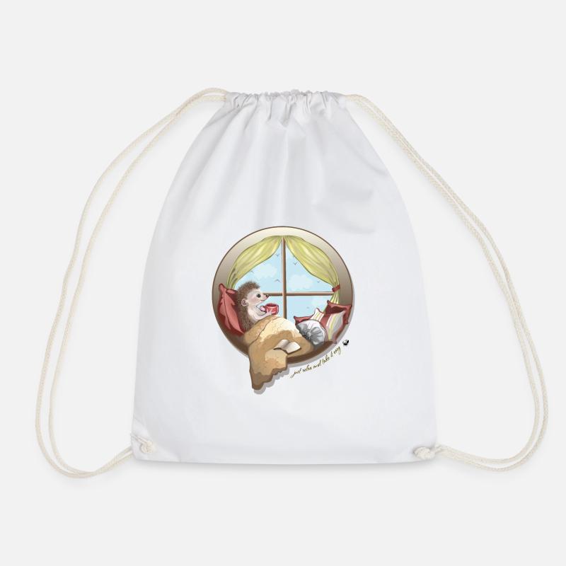 Hedgehog at the window illustration with inscription - Drawstring Bag - white