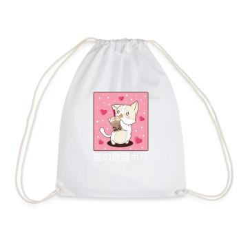 Kawaii Cat Drinking Bubble Tea Cute Anime Cat Love - Drawstring Bag - white - Front