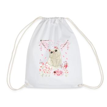 Cat Under Cherry Blossom - Drawstring Bag - white - Front