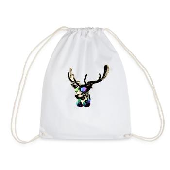 Deer DJ Brown Sticker Cool and Funny Music Animal - Drawstring Bag - white - Front