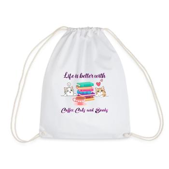 Life Is Better With Coffee, Cats And Books - Drawstring Bag - white - Front