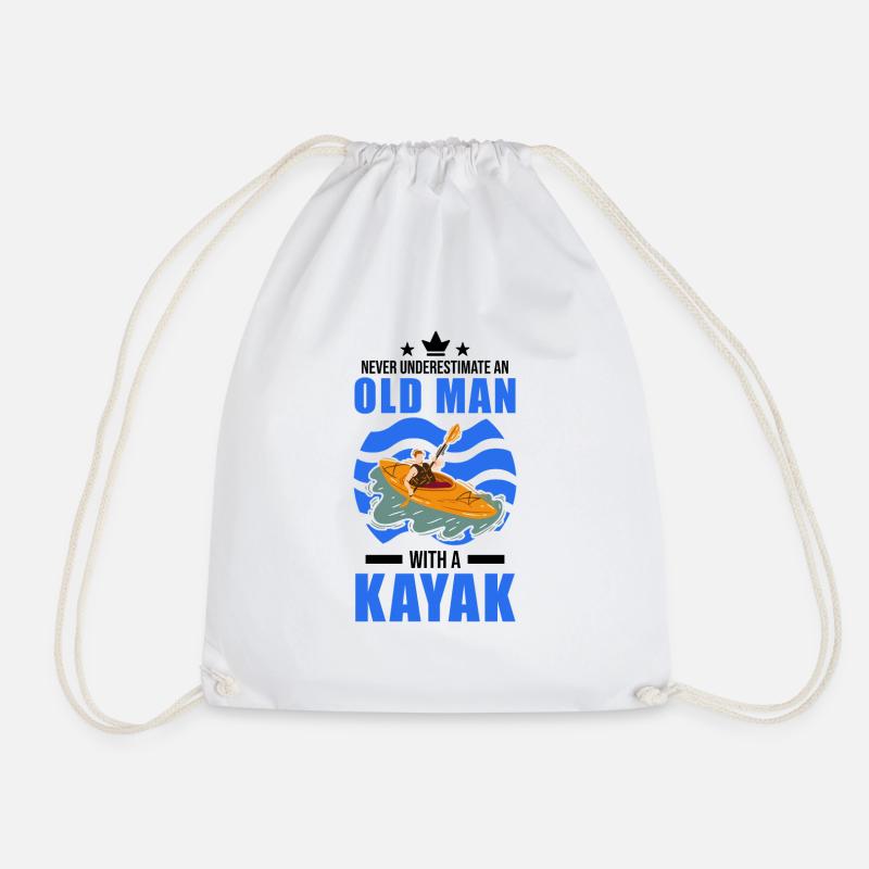 Kayak Old Man Kayaker Paddling Canoe - Drawstring Bag - white