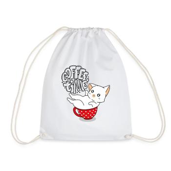 Coffee Time Cat Coffee Cup - Drawstring Bag - white - Front