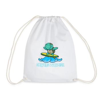 Cute kawaii turtle on surfboard with surfers - Drawstring Bag - white - Front