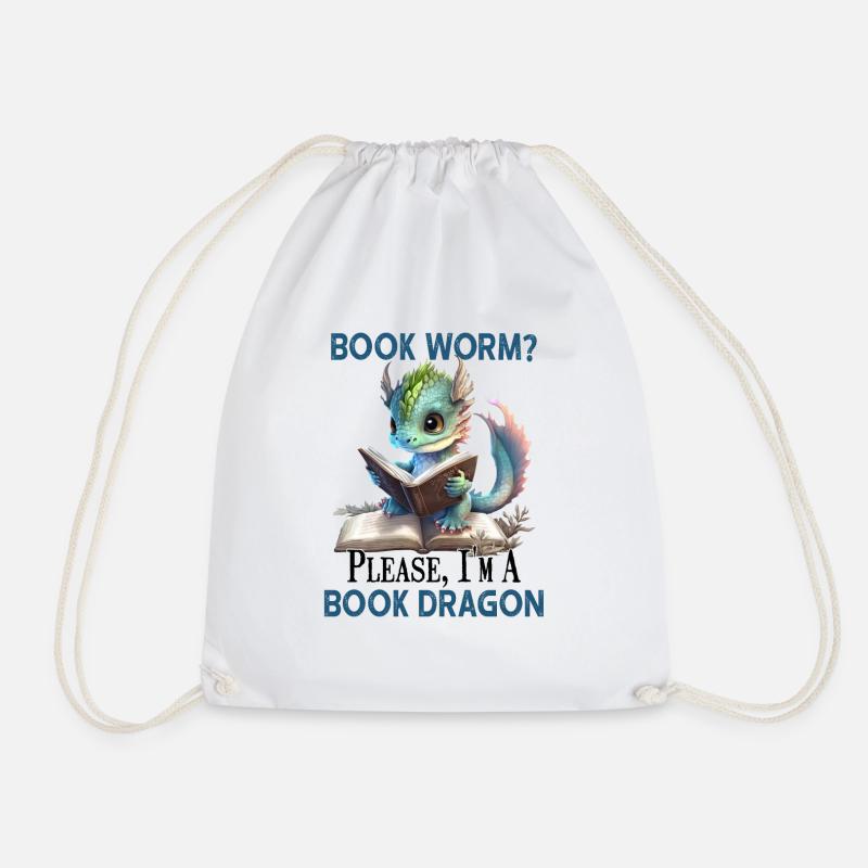 Book Worm Please, I'm A Book Dragon - Drawstring Bag - white