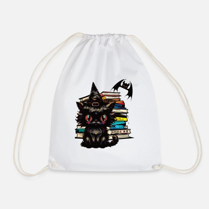 Cat with witch hat, magic books and bat - Drawstring Bag - white