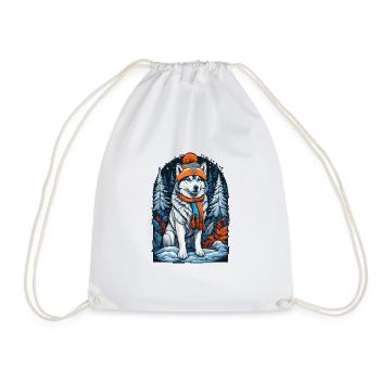 Siberian husky with winter hat happier - Drawstring Bag - white - Front