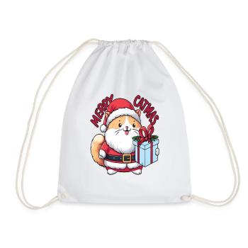 Fat cat as Santa Claus with present Merry Catmas - Drawstring Bag - white - Front