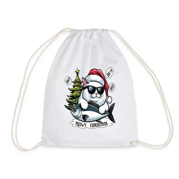 Fat cat with sunglasses and tuna as Santa Claus - Drawstring Bag - white - Front