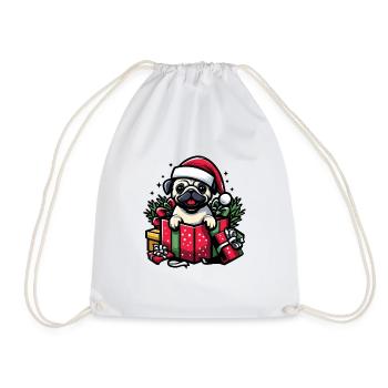Pug In Present Dog Christmas Festive Santa Hat - Drawstring Bag - white - Front