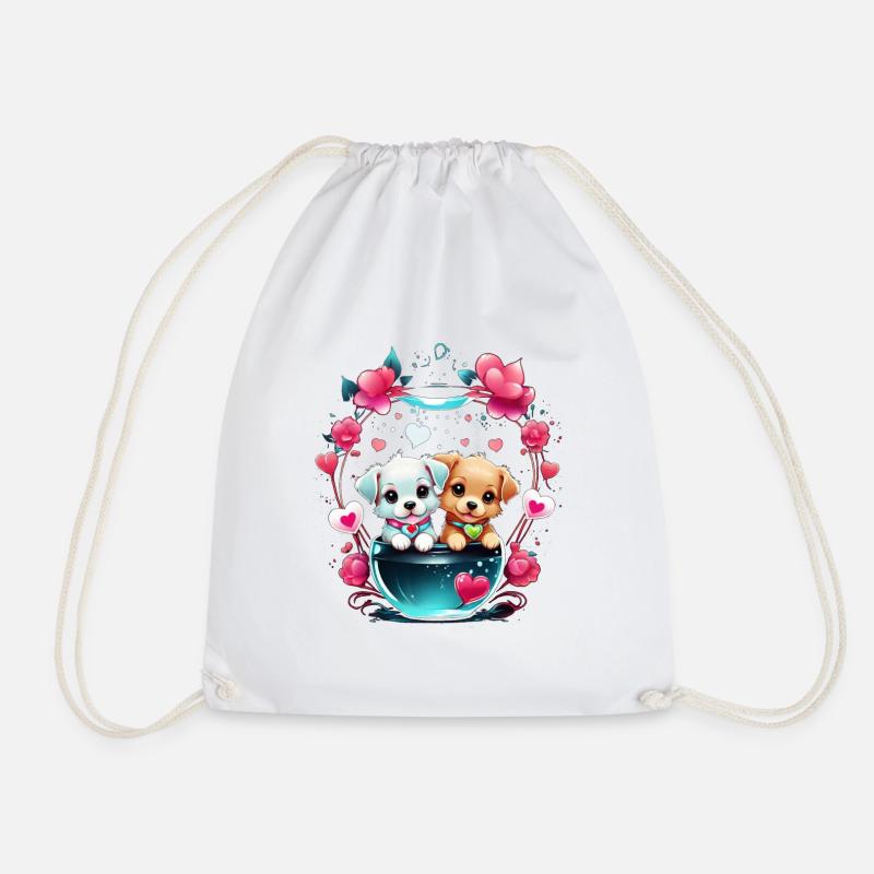 Two puppies in the aquarium. - Drawstring Bag - white