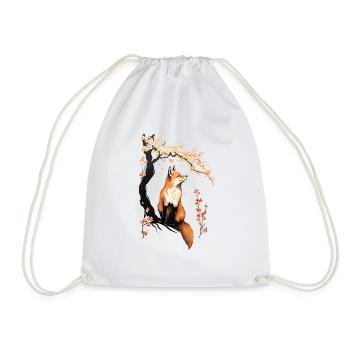 Fox & Sakura: Wildlife and Spring Landscape - Drawstring Bag - white - Front