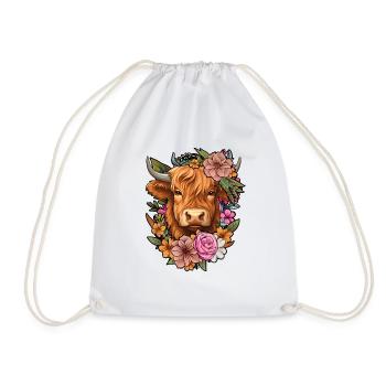 Cute Floral Highland Cow - Drawstring Bag - white - Front