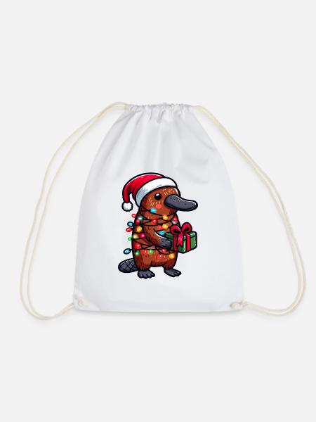 Schnabeltier trägt Weihnachtsmütze und hält eine Geschenkbox in der Hand - Turnbeutel - Weiß