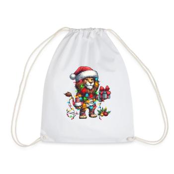 Lion Wearing Santa Hat, Holding A Present Box Xmas - Drawstring Bag - white - Front