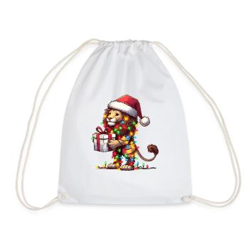 Lion Wearing Santa Hat, Holding A Present Box Xmas - Drawstring Bag - white - Front