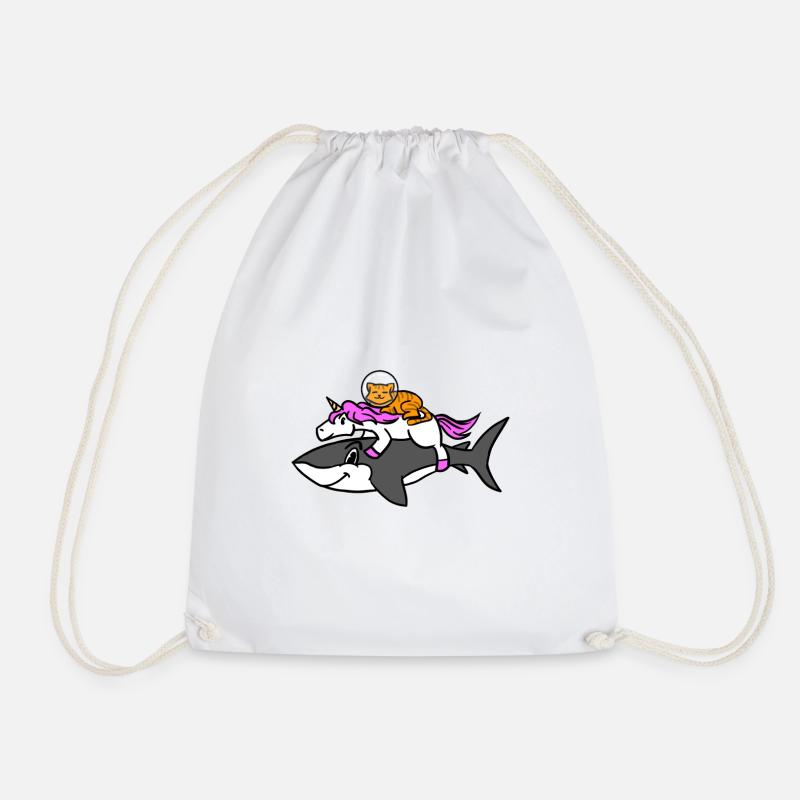 Space Cat Riding A Unicorn Riding A Shark Graphic - Drawstring Bag - white