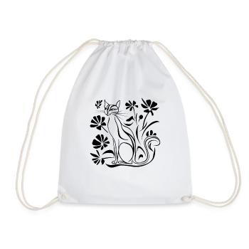 Minimalist Flowers Cat - Drawstring Bag - white - Front