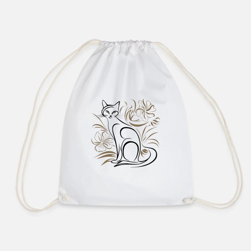 Minimalist Flowers Cat - Drawstring Bag - white