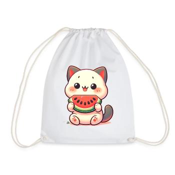 Cute Cat eating Watermelo, Love Kawaii Cats - Drawstring Bag - white - Front