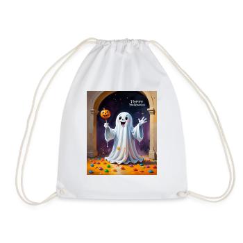Cheerful Ghost with Pumpkin - Drawstring Bag - white - Front