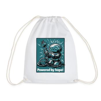 Cute Robot Clutching Extension Cord Against Teal - Drawstring Bag - white - Front