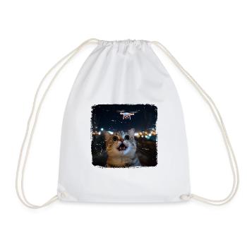 Funny Cat Selfie Ufo Meme Gift - Drawstring Bag - white - Front