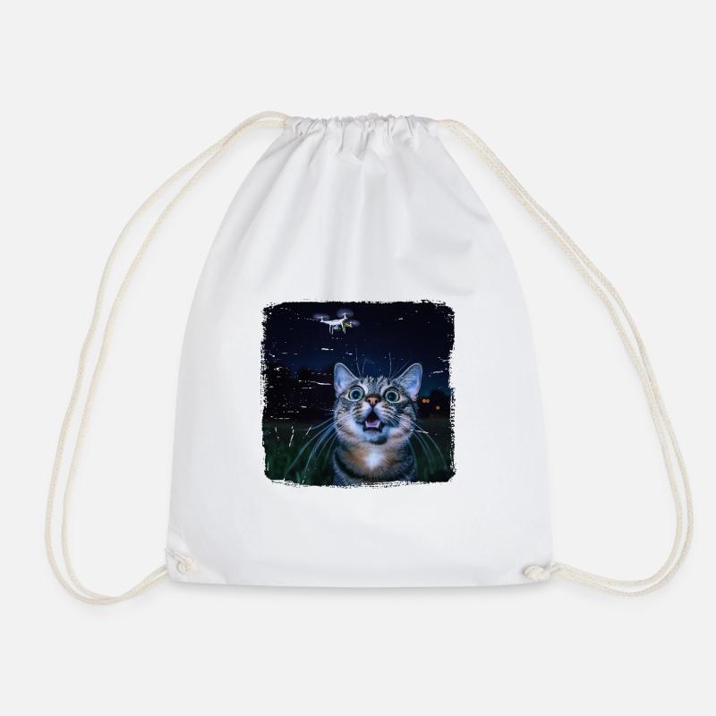Funny Cat Selfie Ufo Meme Gift - Drawstring Bag - white