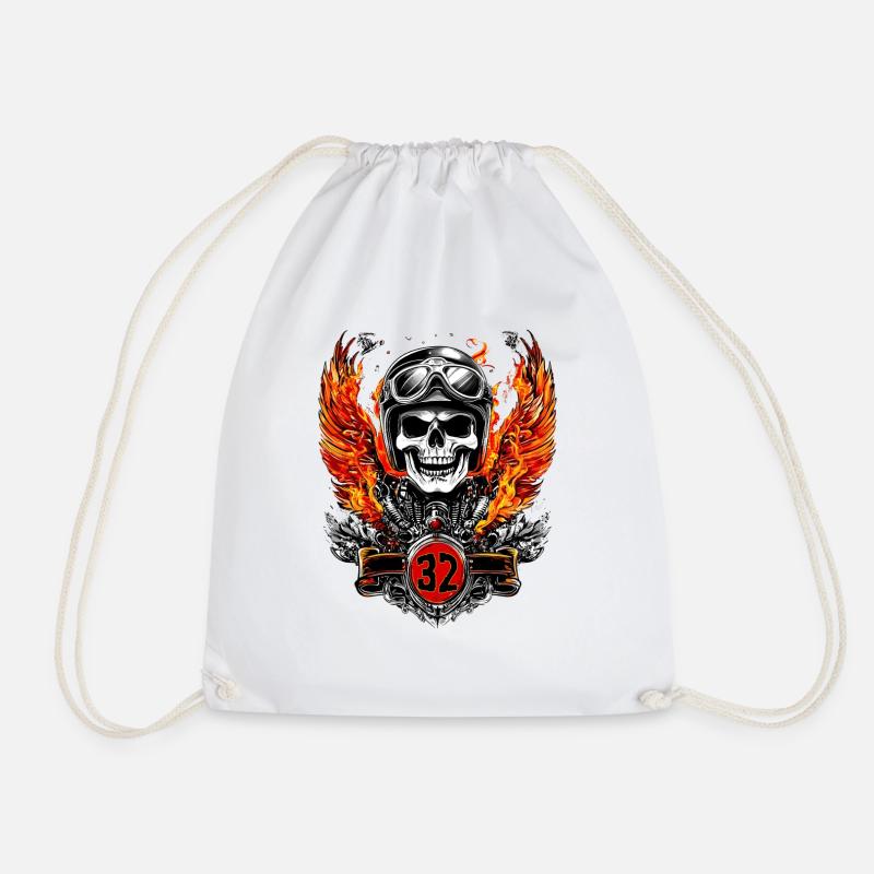 Biker 32 Birthday Skull Motorcycle Patch Emblem - Drawstring Bag - white