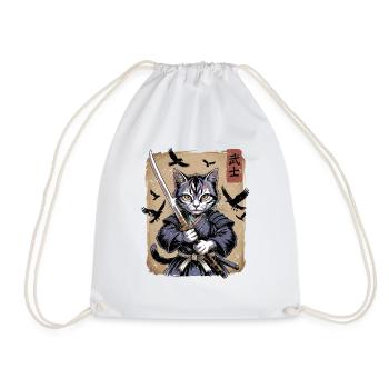 Japanese Ukiyo-e Art Kawaii Samurai Cat Art - Drawstring Bag - white - Front