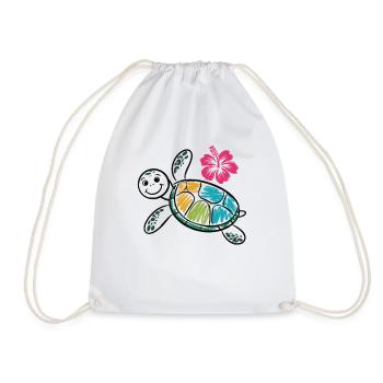 Colorful Turtle with Hibiscus – Summer Shirt - Drawstring Bag - white - Front