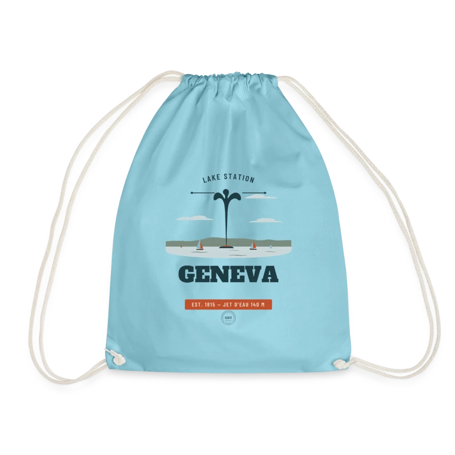 Geneva badge on a drawstring bag, aqua
