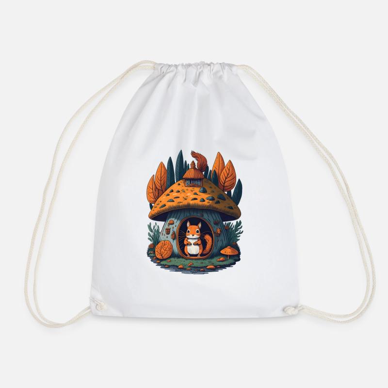 Mushroom Cottage Squirrel - Drawstring Bag - white