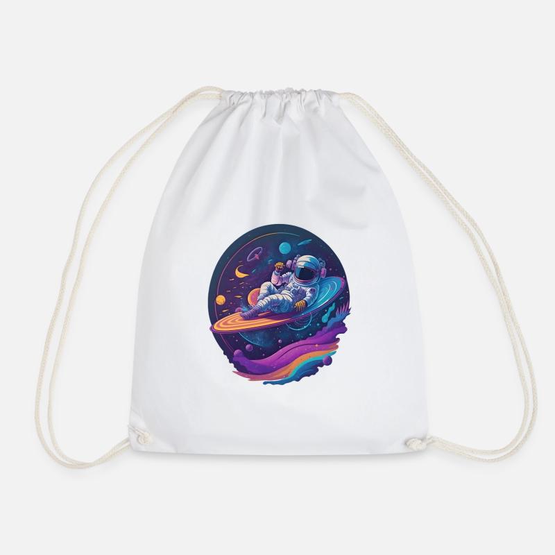 Astronaut Chilling on a Vinyl Record in Space - Drawstring Bag - white
