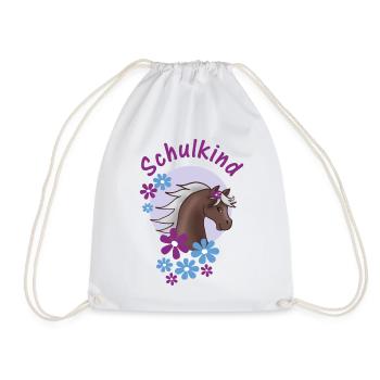 Schulkind - Pony mit Blumen - lila blau - Turnbeutel - Weiß - Vorne