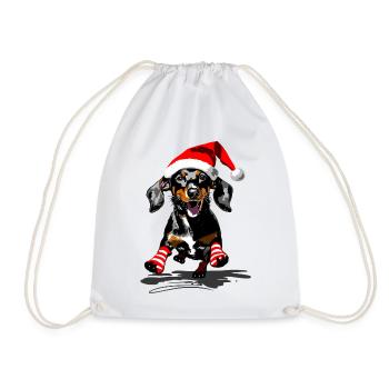 Dachshund with Santa hat and striped socks - Drawstring Bag - white - Front