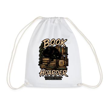 Book Hoarder Collection with Black Cat - Drawstring Bag - white - Front