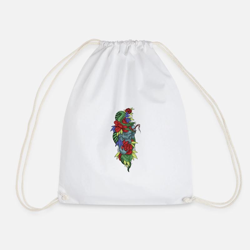 Floral skull and colorful snake - Drawstring Bag - white