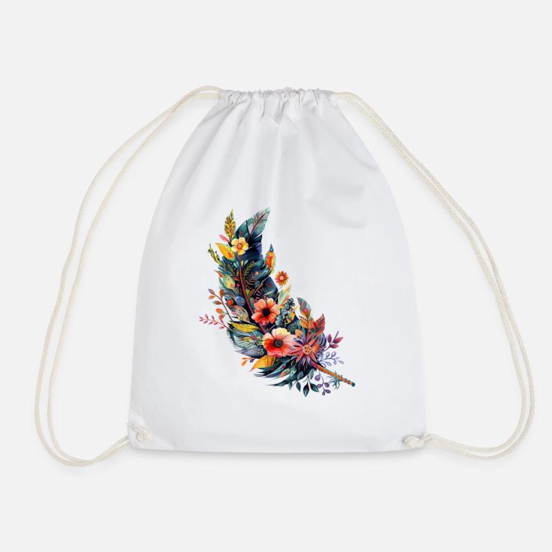 Feather studded with flowers - Drawstring Bag - white