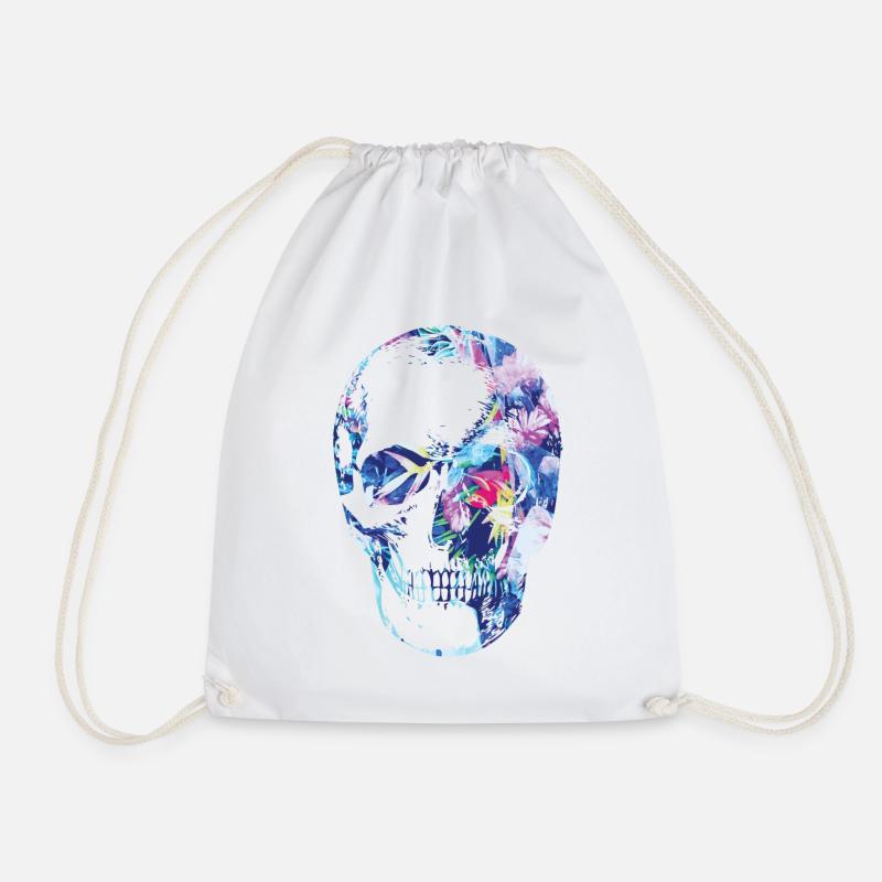 skull flowers - Drawstring Bag - white
