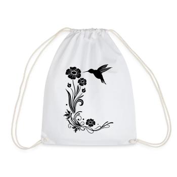 Floral motif with flowers and hummingbird. - Drawstring Bag - white - Front