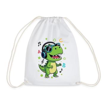 Green T-Rex with Headphones ABC - Back to School - Drawstring Bag - white - Front