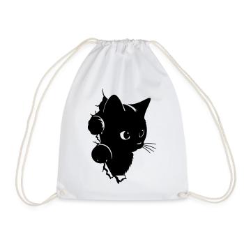 Curious Black Kitten Spying | T-Shirt Kawaii - Drawstring Bag - white - Front