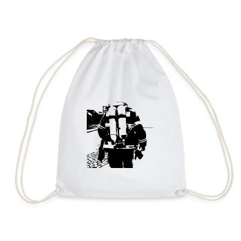 Firefighter with fire helmet extinguishes fire helm - Drawstring Bag - white - Front