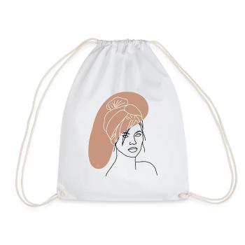 "Lady with Scarf", Boho Line Art Design, "Faces" - Drawstring Bag - white - Front