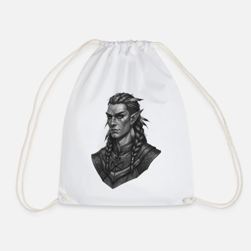 Elf Warrior Portrait in Black and White - Drawstring Bag - white
